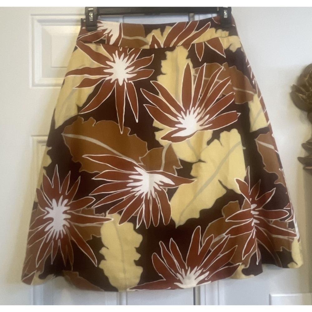 Vintage Merona Retro Tropical Floral A-Line Skirt Brown Rust Yellow Cotton 2 - Picture 6 of 8